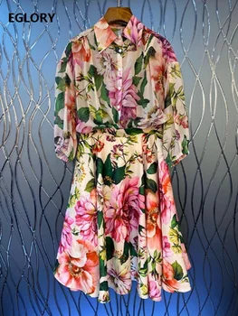 

Top Quality Skirt Suits 2020 Summer Fashion 2 Piece Set Women Colorful Flower Print Tops Shirts+Large Swing Skirt Set Suits Lady