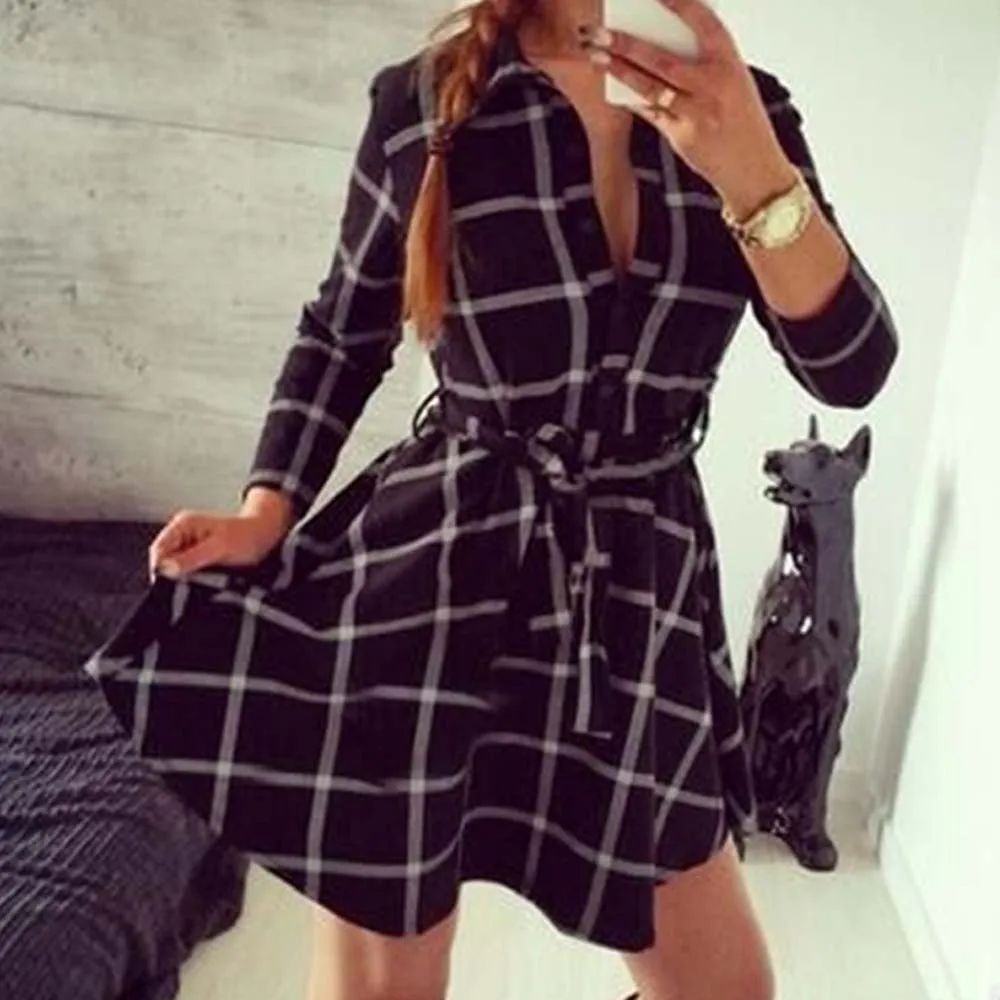 

Women Autumn Winter Plaid Shirts Black White Red Vintage Party Bandage Blouese Casual Shirt Dresses Vestido Womens Clothing