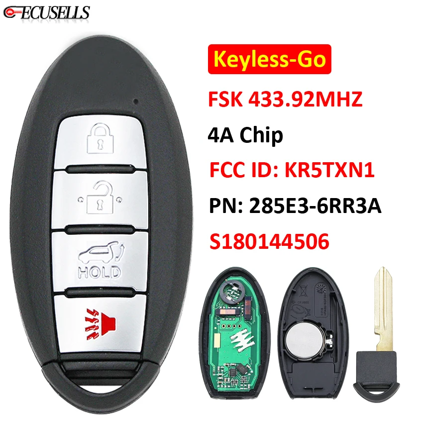 4B Keyless-go Smart Car Key ( SUV ) FSK 433.92Mhz 4A Chip FCC ID: KR5TXN1 P/N: 285E3-6RR3A / S180144506 For Nissan X-Trail 2021 |