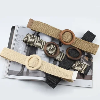 

Fashion Design Round Jade All-match Wood Buckle Elastic Braided Belts Leisure Wide Belt Bohemia Style Dress Accessories 1Pcs