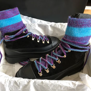 

Fashion Women Lace-up Sock Boots Flat Short Boots Mixed Color Martin Boots Stretch Boots Brand Chunky Thick Bottom botas mujer