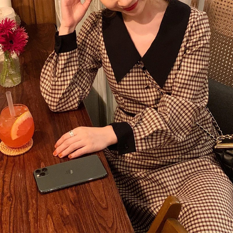 

Plaid Elegant Dress Autumn Women Long Sleeve High Waist Vintage Dress Evening Female Korean Style One-Piece Fashion Lady Clothes