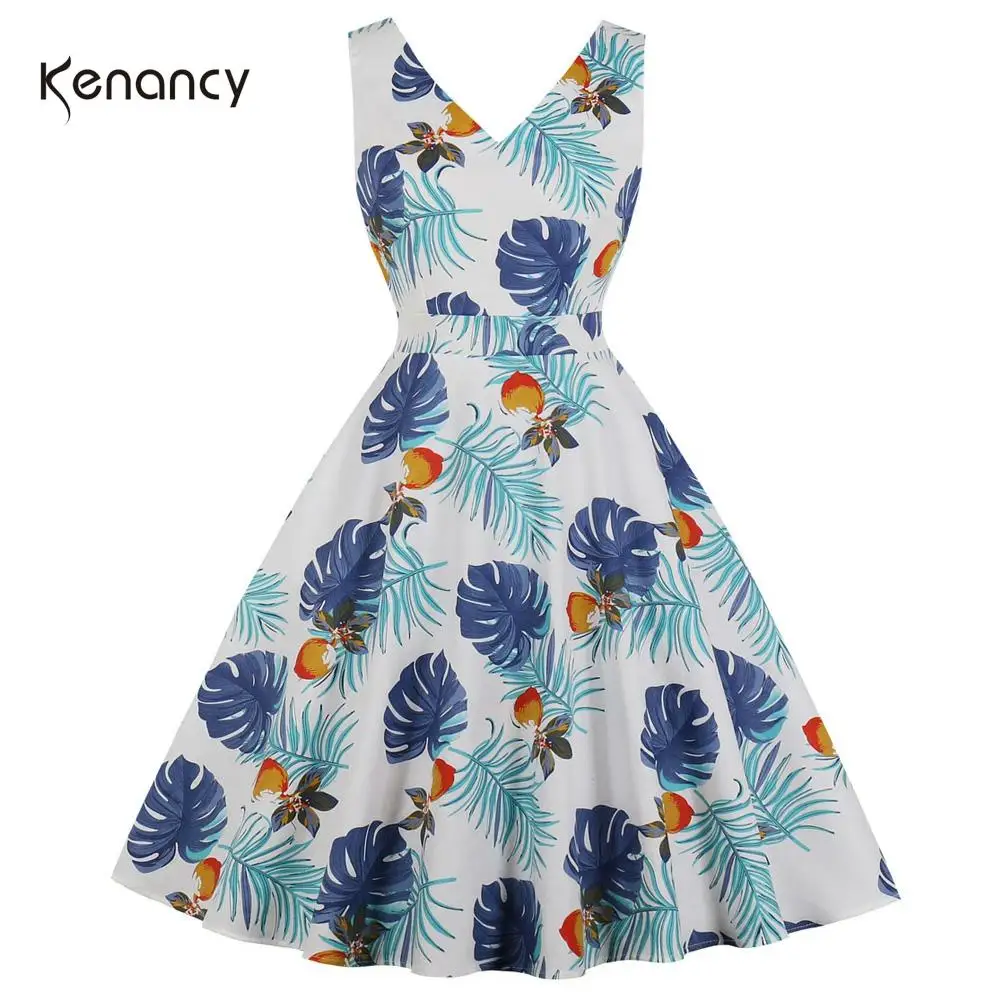 Женское винтажное платье Kenancy без рукавов с v-образным вырезом и принтом листьев