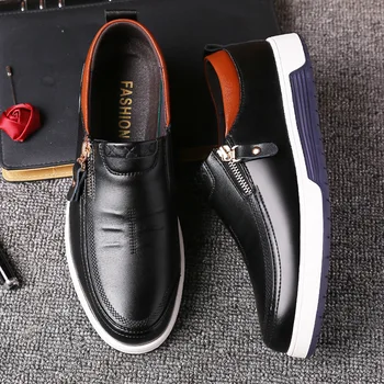 

2020 Men Casual Shoes Mens Breathable Shoes Leather Brown Blue Black leather Flats Zipper Shoes Men