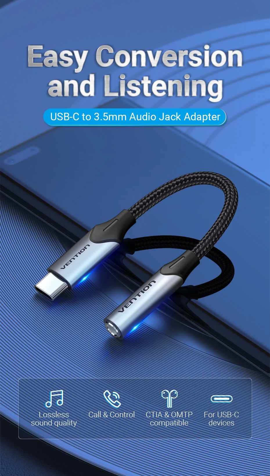 Type C to 3.5 Jack Earphone USB-C Type C to 3.5mm Headphone AUX Adapte