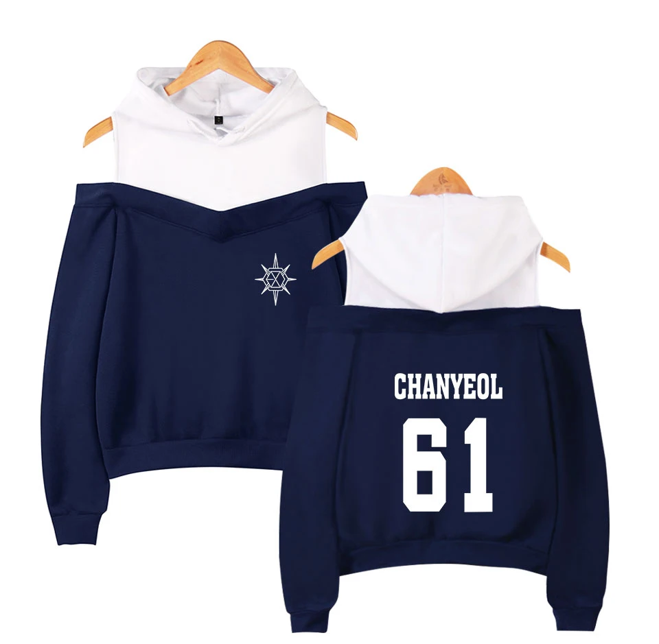 Kpop EXO Planet 5 сексуальные толстовки с открытыми плечами для женщин K-pop CHANYEOL XIUMIN Fan Толстовка поддержка уличная флисовая одежда - Цвет: navy2