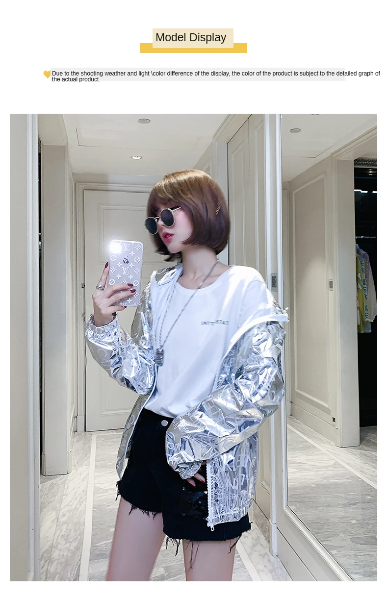 Glossy Jacket women Silver Color Autumn Jackets Hip Hop Streetwear New Letter printing Fashion Trend Outerwear Windbreaker Coat