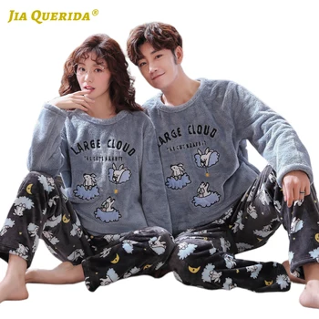

Blue New Soft Flannel Winter Warm Long Sleeve Long Pants Sleepwear Fashion Style Casual Style Man and Woman Printing Pajamas