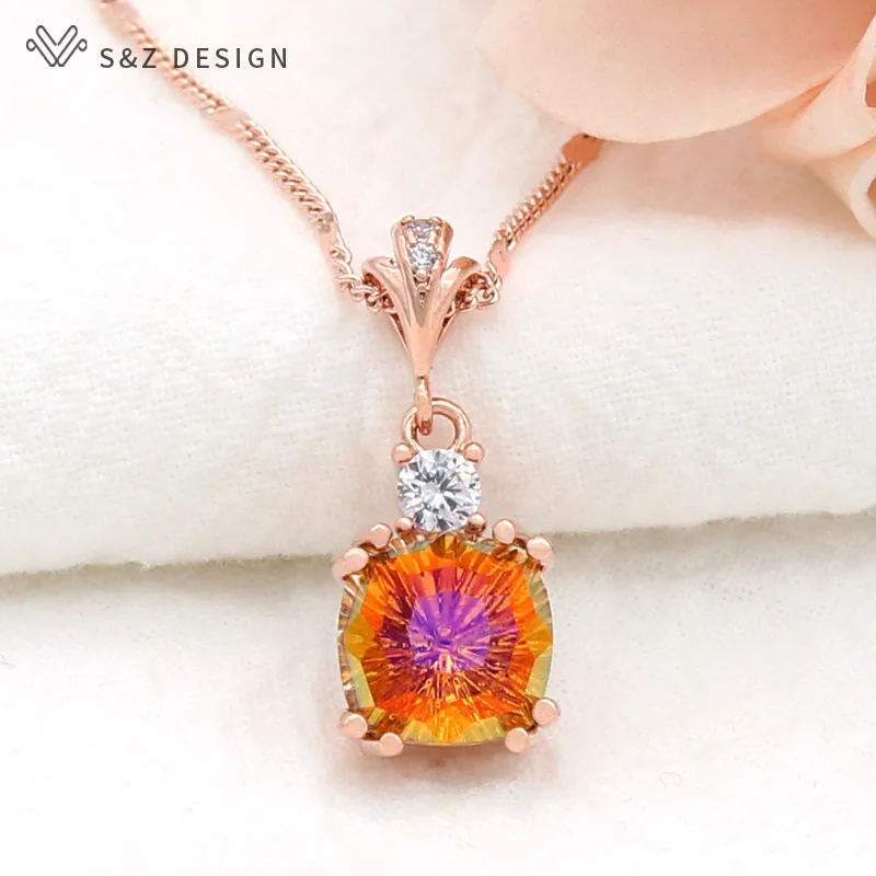 S&Z DESIGN New Fashion Elegant Luxury Colorful Square Crystal Pendant Necklace For Women 585 Rose Gold Color Jewelry