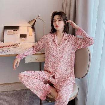 

Autumn Winter New Sexy Gold Velvet Pajamas Women's Pink Leopard Print Lace Long Sleeve Set Sleepwear
