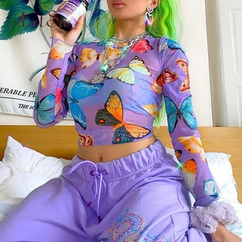 

Artsu 2020 Summer Clothes Butterfly Printed Mesh Sheer T-Shirt Women Cute Print tshirt Ladies Long Sleeve Crop Tops Tee Shirts