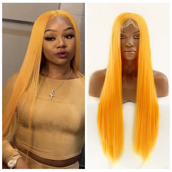 

Heat Resistant Long Straight Synthetic Lace Front Wigs Orange Color Cosplay Synthetic Hair Lace Frontal Wig for Black Women