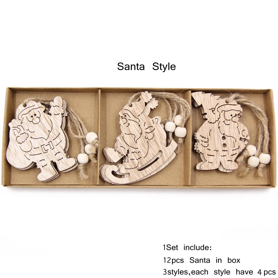 Box-Santa Style 12 шт. натуральные рождественские деревянные Подвески украшения Санта и олень и Ангел Рождественская елка украшения Висячие подарки рождественские украшения - Цвет: Box-Santa Style