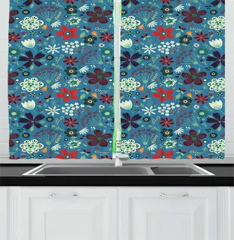 

Slate Blue Multicolor Botanical Kitchen Curtains Colorful Flowering Plants Flourish Petals Fragrance Nature Doodle Window Drape