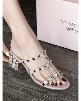 

[Worry Girl Upgraded Version] 2020 new high-heeled rivet sandals with thin straps, semi-drag thick-heeled sandals for women