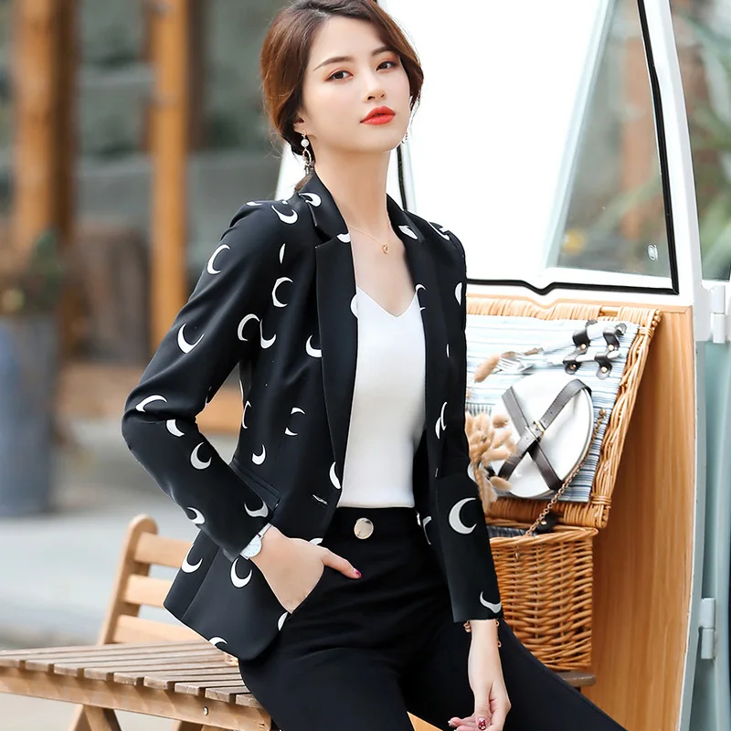 

Black And White with Pattern Suit Jacket Women's Work Clothes 2019 Autumn New Style Korean-style Fashion Long Sleeve Casual CHIC
