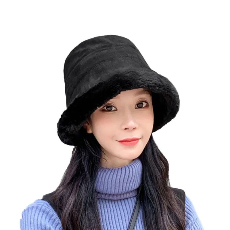 Fashion Winter Faux Fur Bucket Hats for Women Girl Solid Color Plush velvet Warm Panama Black White Fisherman bucket Hats Bob