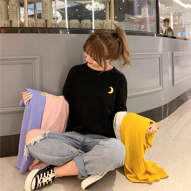 Harajuku Осенние футболки, Женская Корейская одежда, одноцветная свободная универсальная простая футболка для отдыха, студенческие Топы с длинным рукавом и круглым вырезом