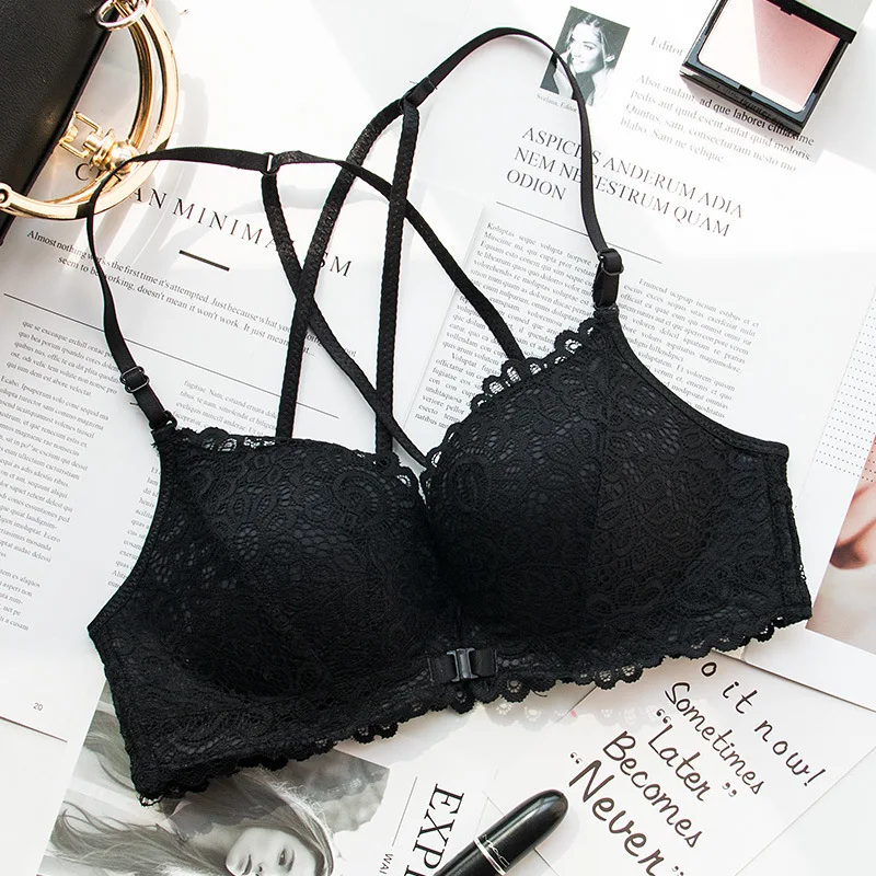 Roseheart For Women  Black Skin Wireless Front Closure Bras Push Up Female Lace Backless Cross Back Bras Bralette underwear