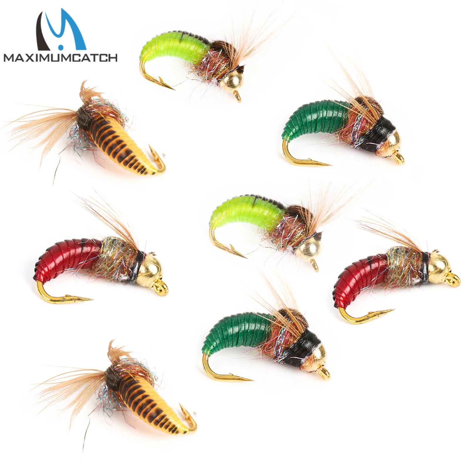 Maxcatch 8pcs #12 Brass Bead Head Fast Sinking Nymph Scud Fly Bug Worm Trout  Fishing Flies Artificial Insect Fishing Bait Lure