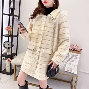 

Women 2020 Spring Autumn New Elegant Imitation Mink Sweater Coat Female Casual Loose Knitted Cardigan Coat Striped Overcoat G493