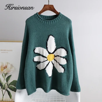 

Hirsionsan Sweet Sweater Women 2020 Autumn Winter New Korean Flower Graphic Loose Knitted Pullovers O Neck Vintage Female Tops