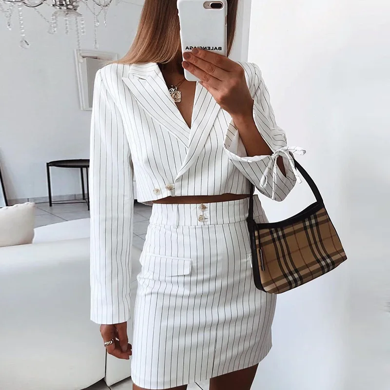 

Striped Women Two Pieces Set Sexy Lace Up V Neck Blazer Tops & Mini Skirt Set Female Elegant Autumn Office Workwear