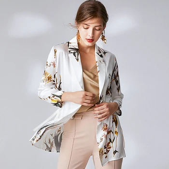 

High Quality 100% Silk Blazer Women Printed Simple Design Long Sleeve Blazer Coat Tops Single-breasted Suit Elegant New Fashion