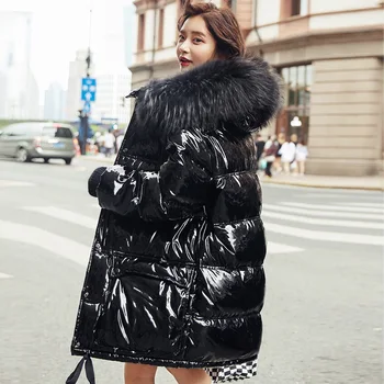 

Real Natural Fur 2020 Patent Leather Winter Jacket Women Thicken Long Down Parka Hooded Female Duck Down Coat Waterproof Jacket