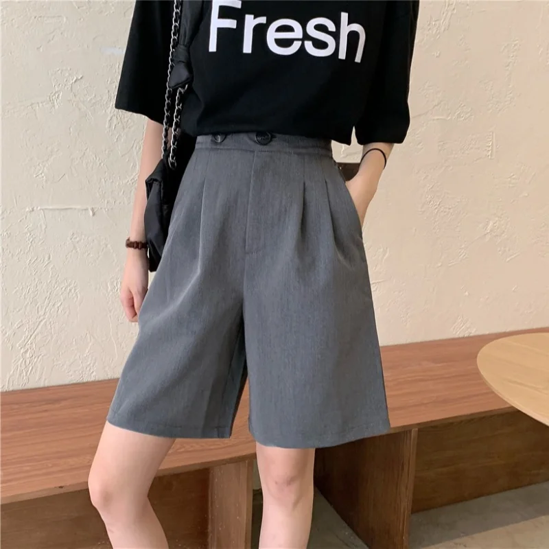 2023 New Fashion Suit Shorts Loose Casual Straight High Waist Shorts with Front Pleats Thin Streetwear Summer Clothes for Women