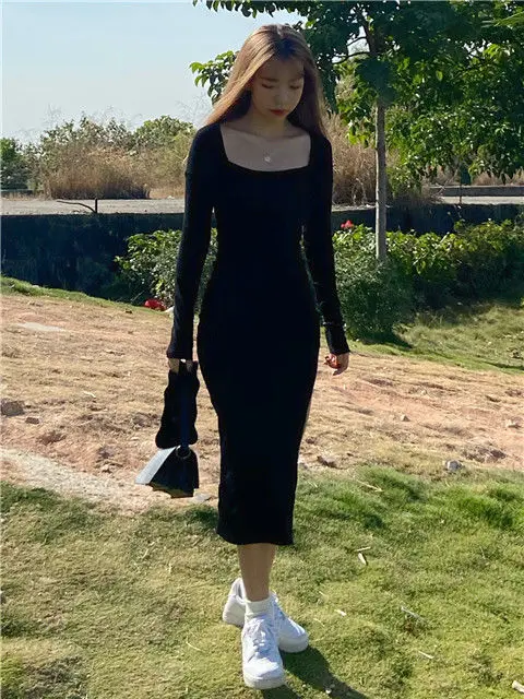 Girls Lengthy Sleeve Costume Mid-calf Size Sq. Collar Black Sheath Retro Slim Attractive Classic Aspect Slit Stretchy All-match Easy 82 H8aa9409a5c904b9b8d78d1235f2ee3a3H