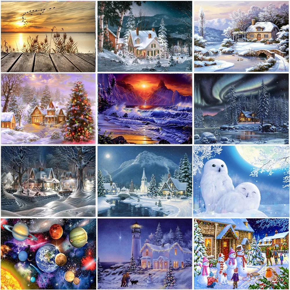 DIY 5D Diamond Painting Winter Snow Scenery Embroidery Full Round Drill Rhinestone Christma Cross Stitch Manual Art Gift | Дом и сад
