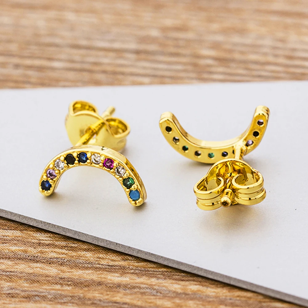 New Fashion Rainbow Gold Micro Pave CZ Hook Design Stud Earrings Small Cute Women Zirconia Jewelry For Ladies Birthday Best Gift |