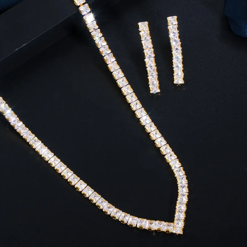 CWWZircons Cubic Zirconia Pave Yellow Gold Color Women Party Choker Necklace and Earring Brides Jewelry Set T421 Bridal Jewelry Sets Crystal Jewelry Sets Earring Ring Sets