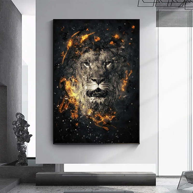 

Modern Wall Art Painting Abstract Animal Art Canvas Prints Wall Lion Head with Fire Picture for Living Room Decoration Posters