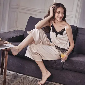 

Pajamas popular wide leg pants ladies imitation silk sling + pants home service pajamas two sets can be worn pajamas for women