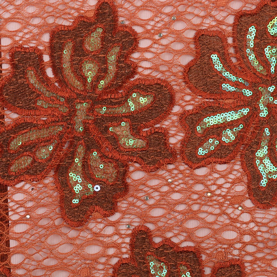 Жженая оранжевая африканская ткань с блестками, вышивка, кружева с камнями, нигерийское Сетчатое кружево для невесты, материалы APW3043