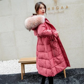 

Korean 2020 Winter Jacket Women Hooded Real Raccoon Fur long Down Coat Thicken Warm Drawstring slim waist Parka High Quality