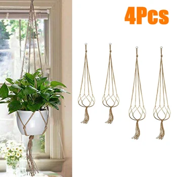 

4pcs Jute Rope Plant Holders Home Balcony Decorations Gardening Plant Flower Potted Planters Support Hanger