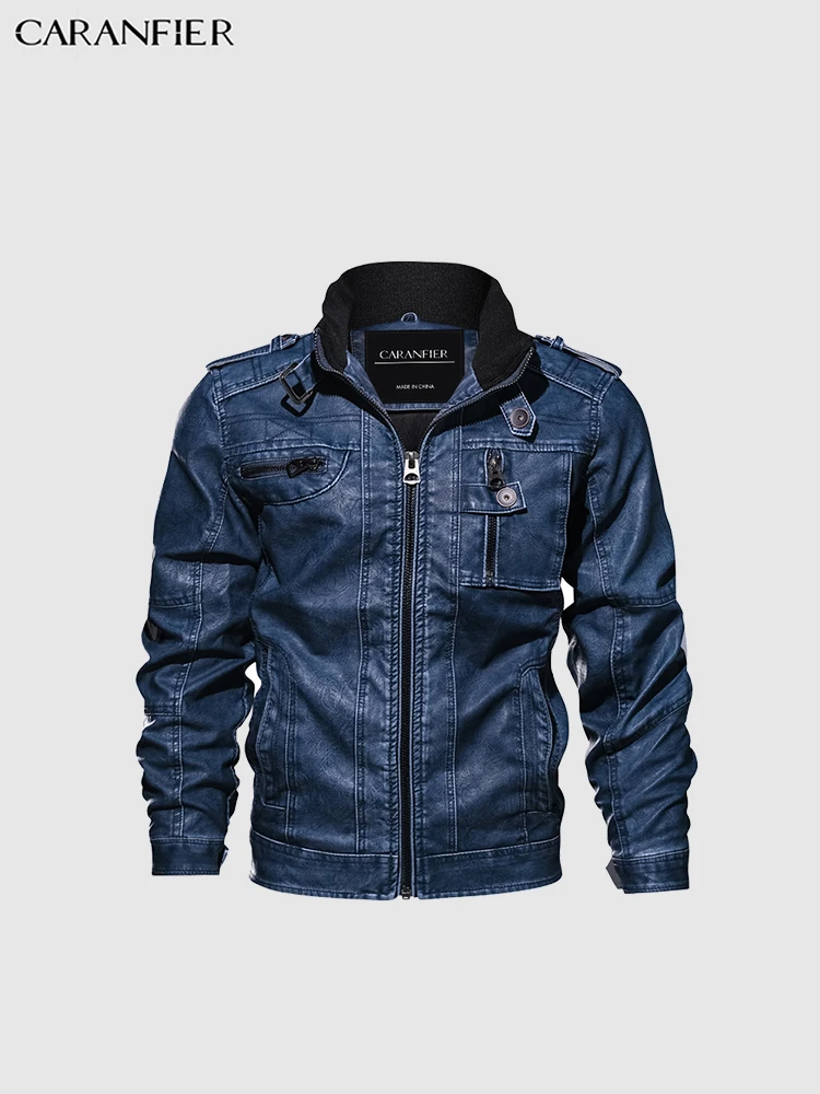 deep blue CARANFIER мужские кожаные куртки мотоциклетный стоячий воротник на молнии карманы мужской американский размер пальто из ПУ Байкерская искусственная кожа модная верхняя одежда - Цвет: deep blue