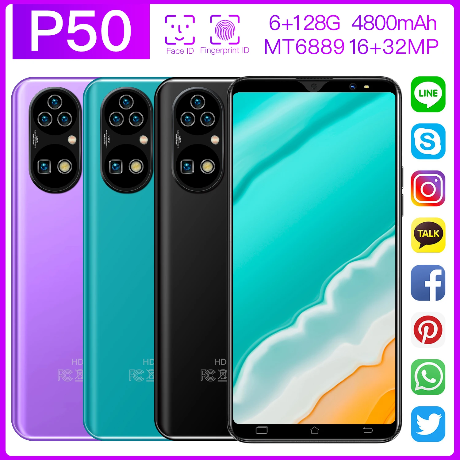 Смартфон P50 на Android 10 8-дюймовый экран MT6889 ядер 5 мАч 6 + 4800 ГБ 16 32 МП GPS Wi-Fi 4G |