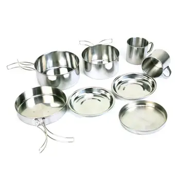 

8pcs/Set Stainless Steel Camp Outdoor Pot Cooking Picnic Pot Tableware Survival Camping Cookware Pan Bowl Hike Home BBQ Set