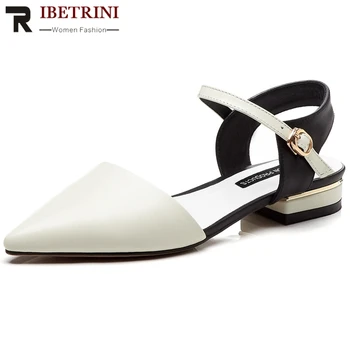 

RIBETRINI Genuine Leather Women Shoes Women Pointed Toe Mixed Color Low Heels Sandals Brand Classic Summer Sandals
