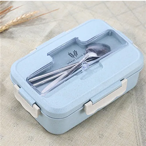 Микроволновая печь Bento Box пшеничная соломинка детский Ланч-бокс герметичный Bento Ланч-бокс для детей школьный контейнер для еды с столовыми приборами - Цвет: Blue