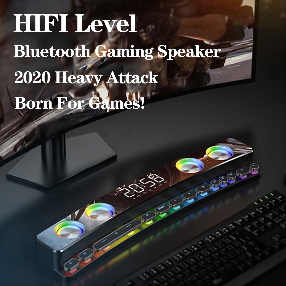 블루투스 무선 게임 스피커 사운드바, 3D 스테레오 서브우퍼, 조명이 있는 컴퓨터 라우드 스피커, 가정용 TV 사운드바, 시계 신제품