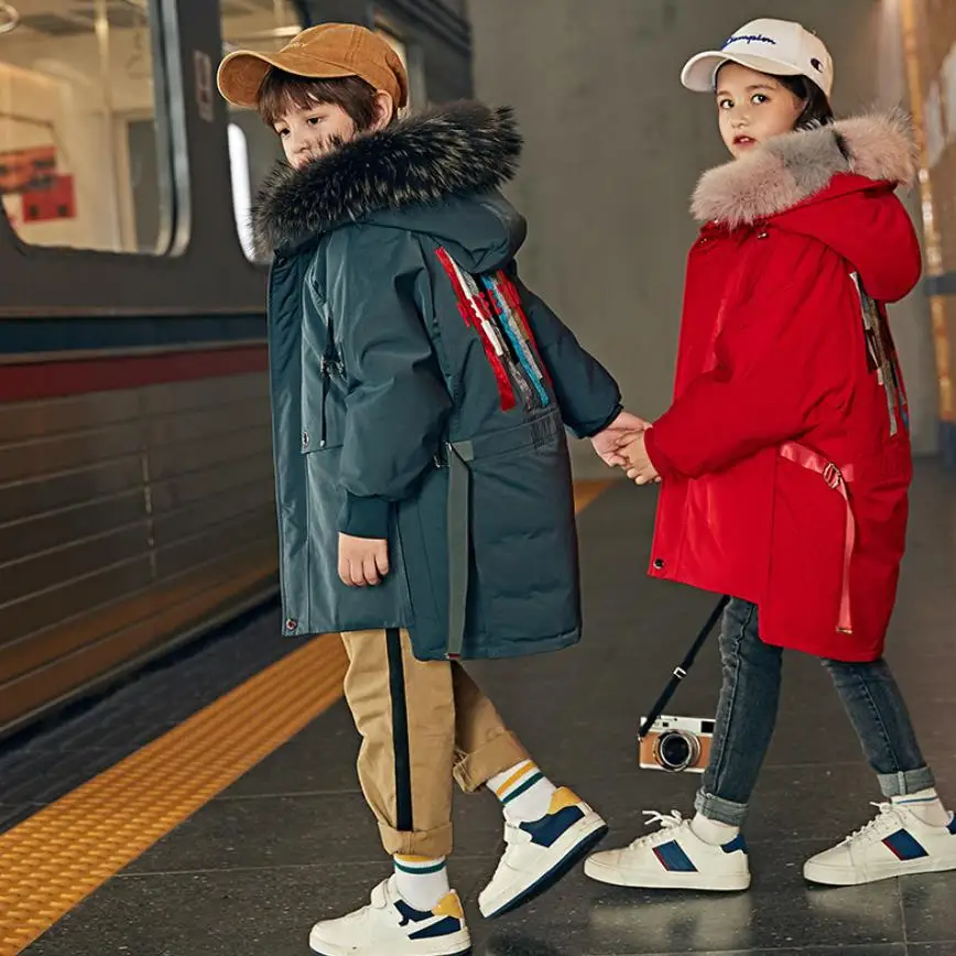 

Russia winter new thicken down jacket girls real fur collar 94% White duck down coats children outerwear kids down jacket ws1783