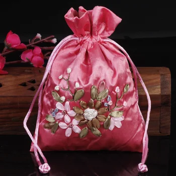

10pcs/lot Embroidery Dry Flowers Beads Storage Containers , Jewelry Purple Red Packing Bag , Drawstring Pouches Holder Bags
