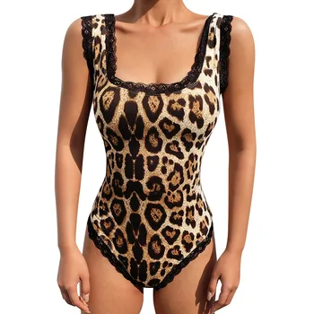 

Women Leopard Print Lingerie pajamas Sexy Camisole One-piece Garment Underwear Seamless Siamese Lace Decoration no Closure XJ