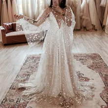 

Sparkly V-Neck Wedding Dresses 2021 Vintage Star Organza Cap Sleeves Backless Long Sweep Train Custom Made Bridal Gown For Women