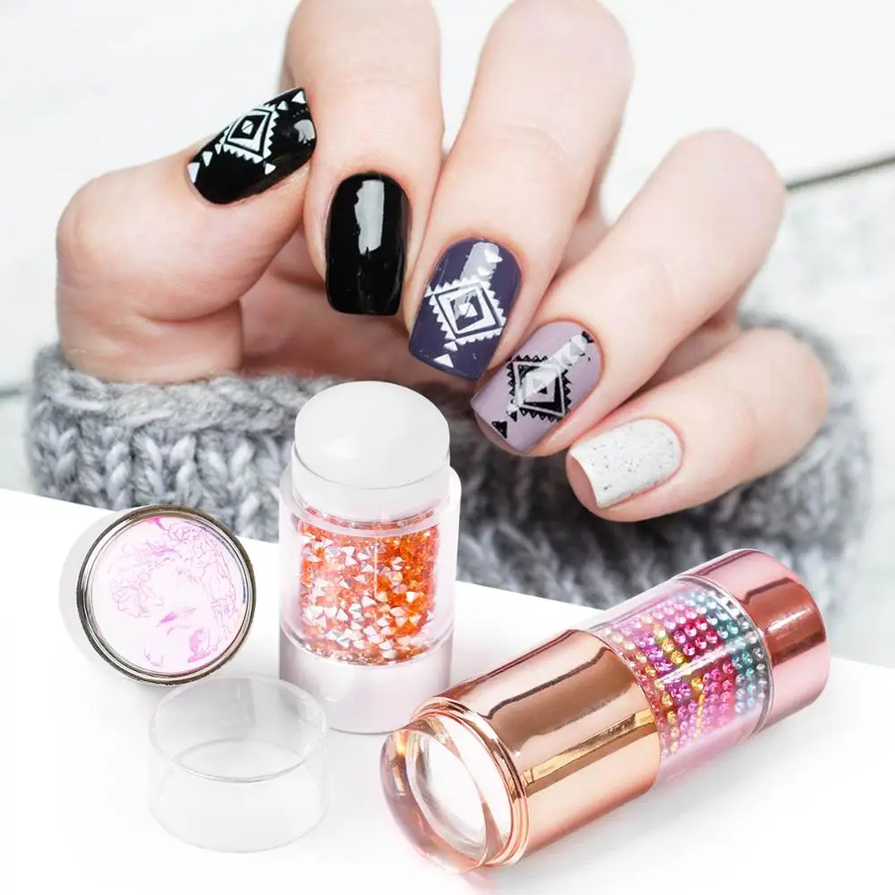 New Double-end Nail Stamper Stamping Plate Set Crystal Handle Jelly Silicone Art Stamp Image Stencil Tools with Cap | Красота и